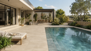 Porcelánico para exteriores y piscinas en terraza moderna